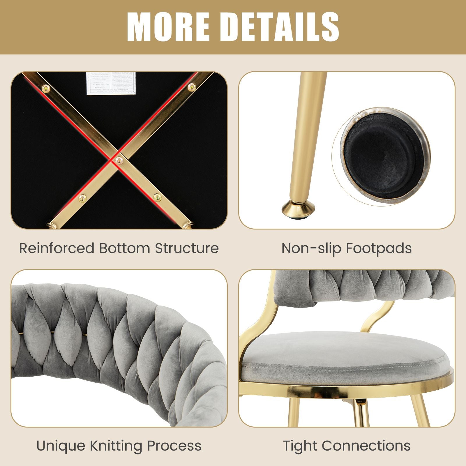 Set of 2 Velvet Dining Chair with Metal Legs and Woven Back