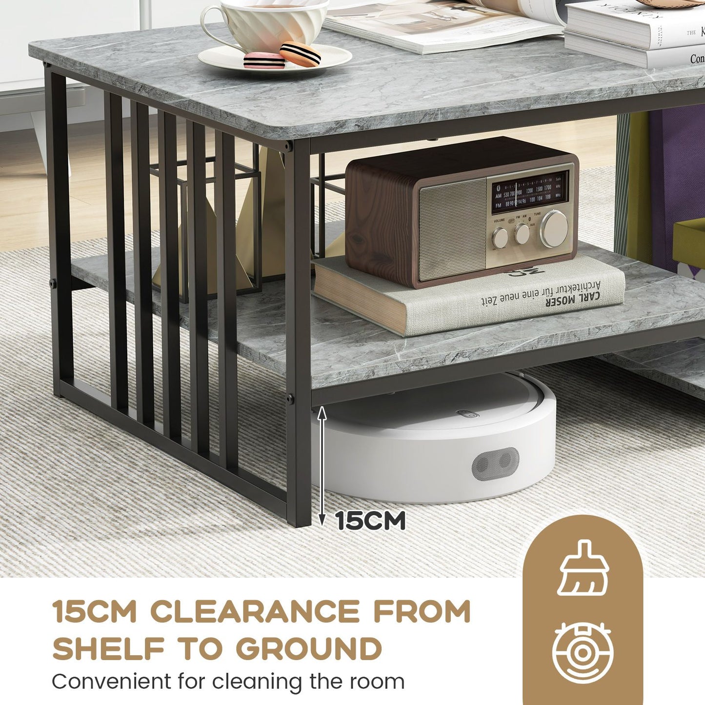 Faux Marble Coffee Table with Open Storage Shelf