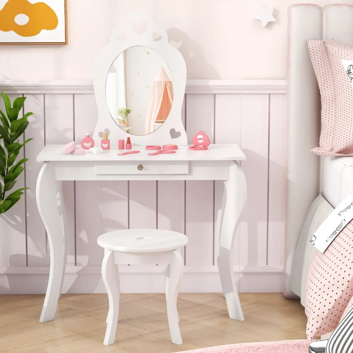 Kids Vanity Table and Stool with Removable Mirror and Drawer