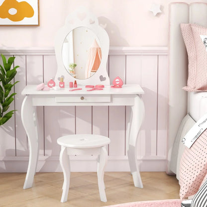 Kids Vanity Table and Stool with Removable Mirror and Drawer
