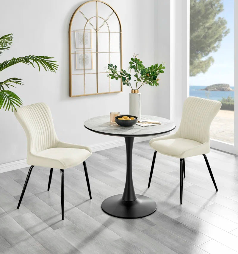 Eubanks White Marble Effect Melamine round 80Cm Dining Table and Chairs - 2 Velvet Dining Chairs