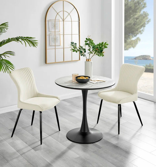 Eubanks White Marble Effect Melamine round 80Cm Dining Table and Chairs - 2 Velvet Dining Chairs
