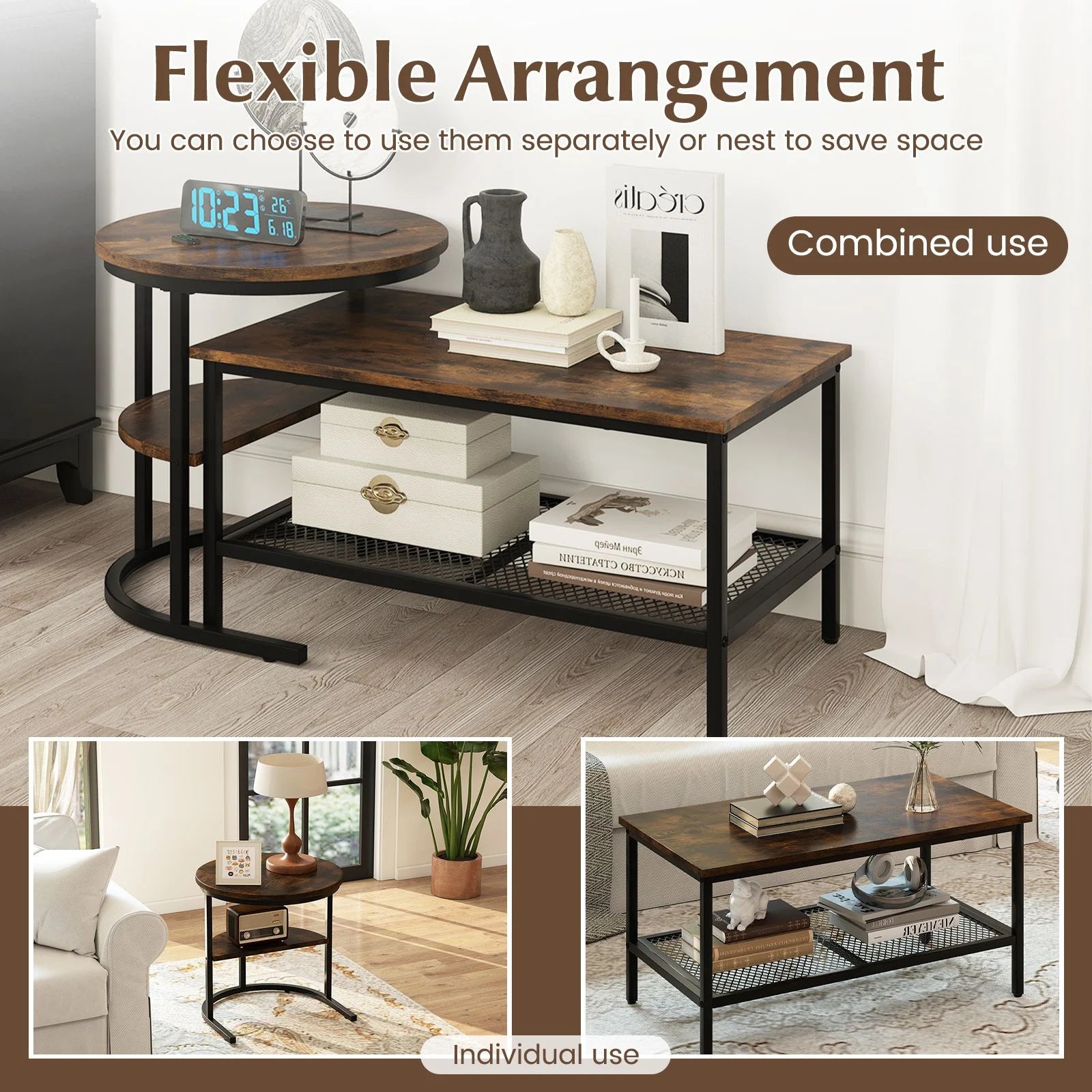 Set of 2 Nesting Coffee Table with Extra Storage Shelf