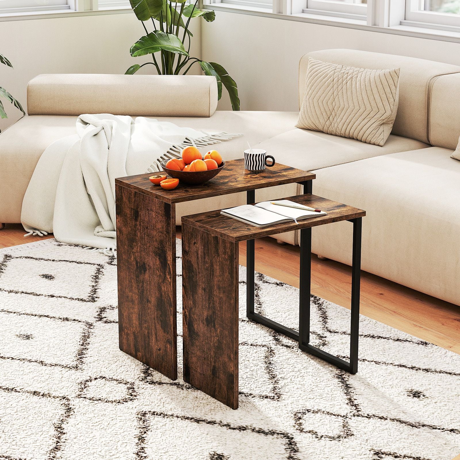 Nesting Coffee Table Set of 2 Faux Wood Top Sofa Side Table