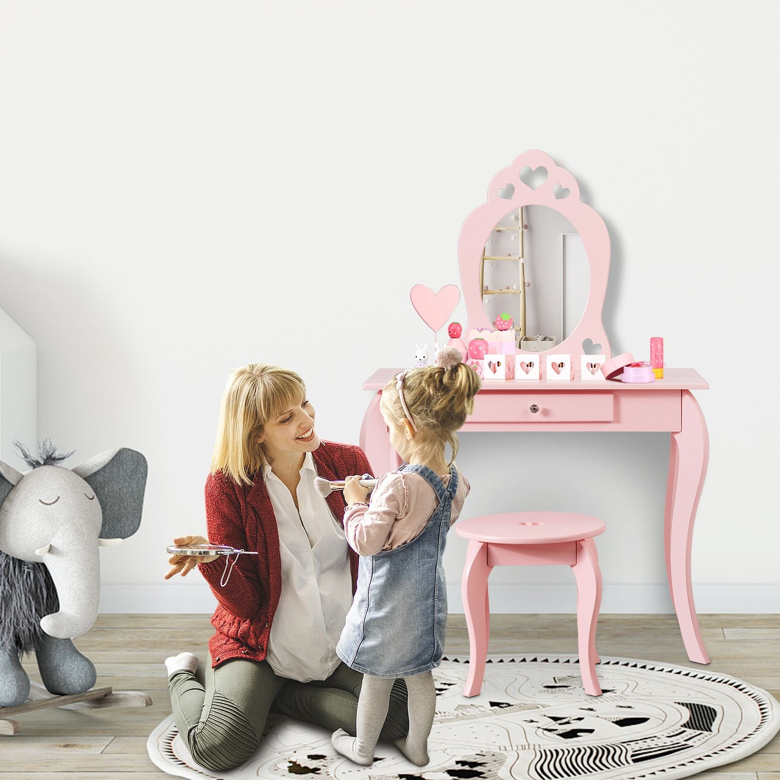 Kids Vanity Table and Stool with Removable Mirror and Drawer