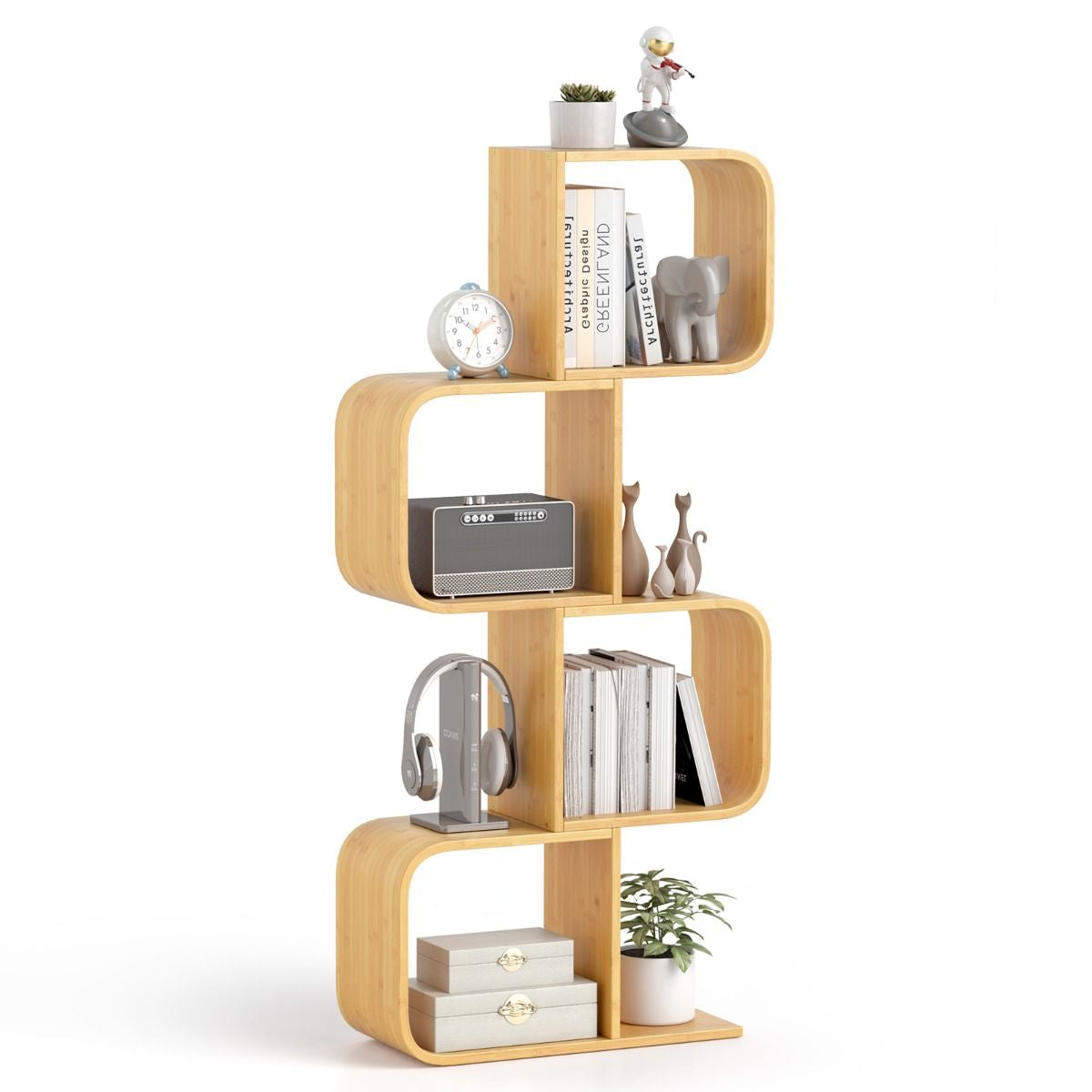 2/3/4/5-Tier S-Shaped Bookcase Bamboo Bookshelf with Open Cubes