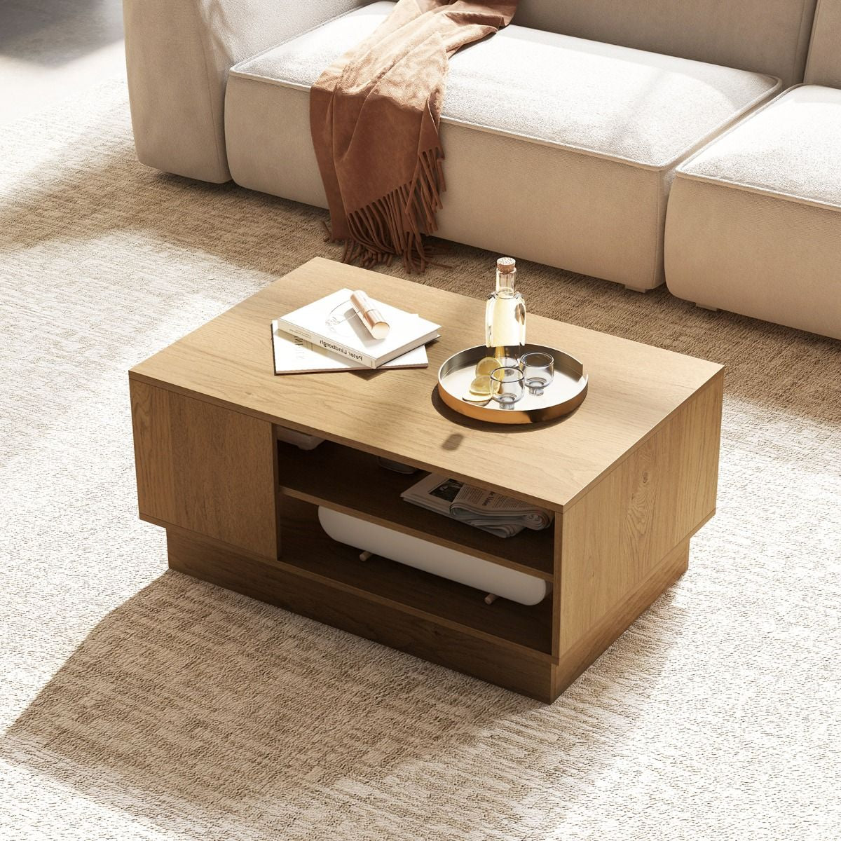 Modern Rectangle Coffee Table with 2-Tier Open Storage Shelves
