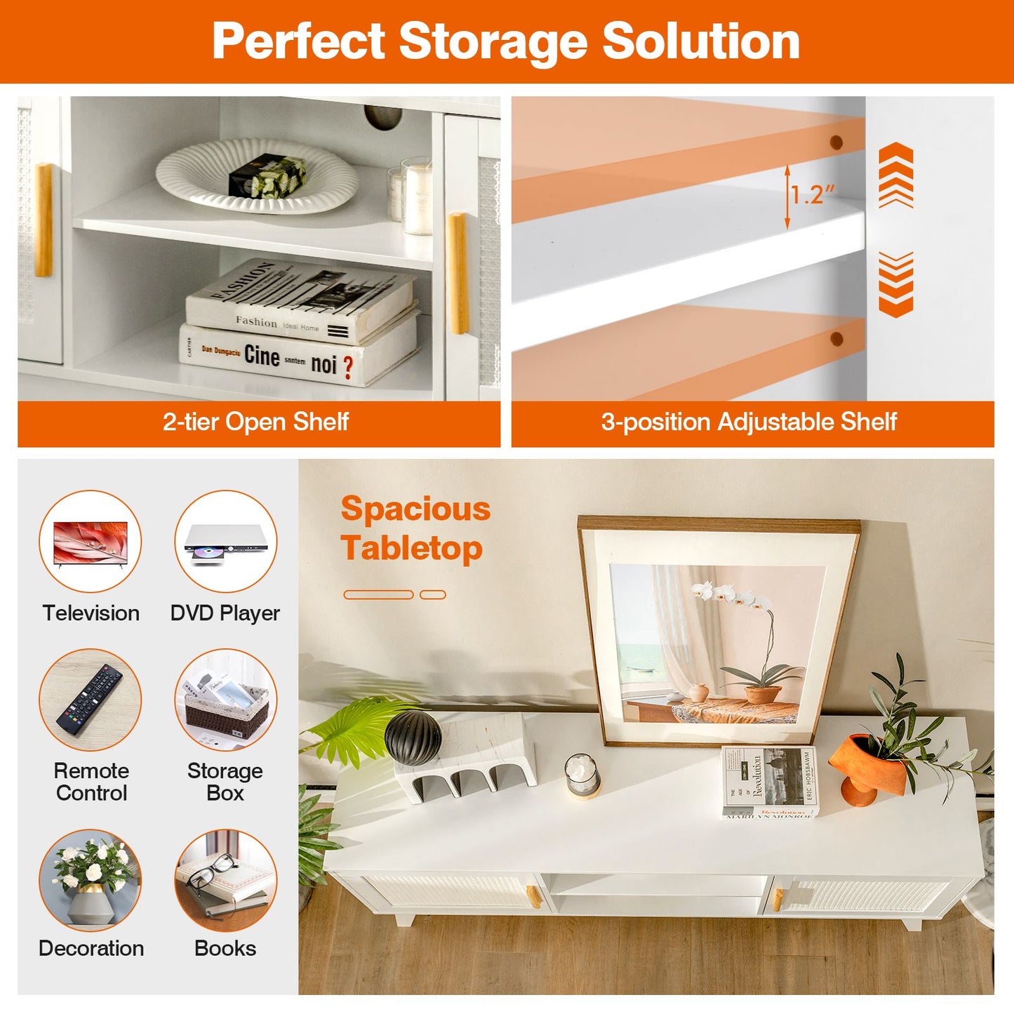 Rattan TV Stand for Tvs up to 65 Inch with Adjustable Shelf