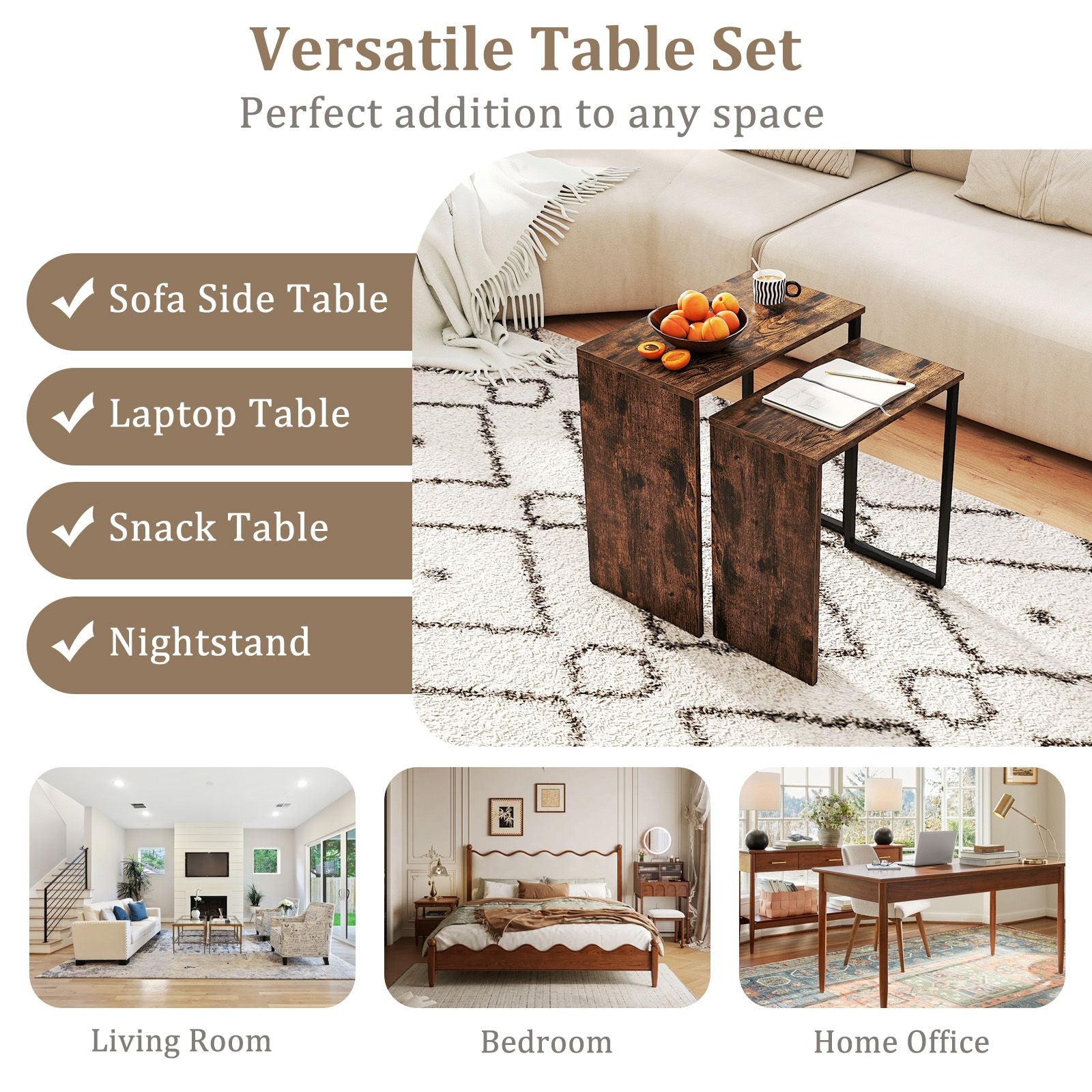 Nesting Coffee Table Set of 2 Faux Wood Top Sofa Side Table