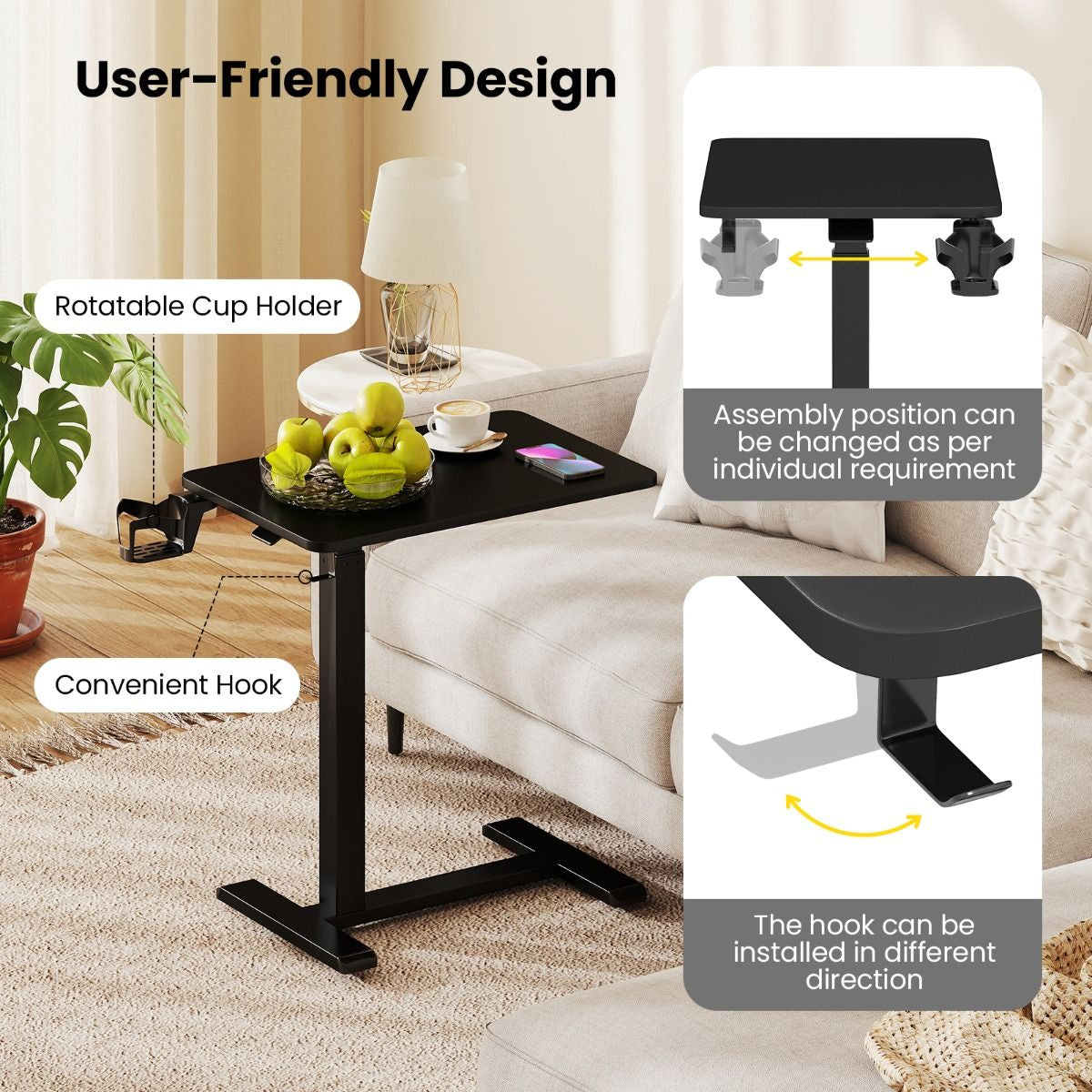 Height Adjustable Overbed Bedside Table with Cup Holder and Headphone Hook