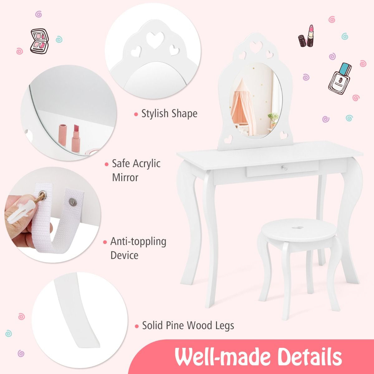 Kids Vanity Table and Stool with Removable Mirror and Drawer