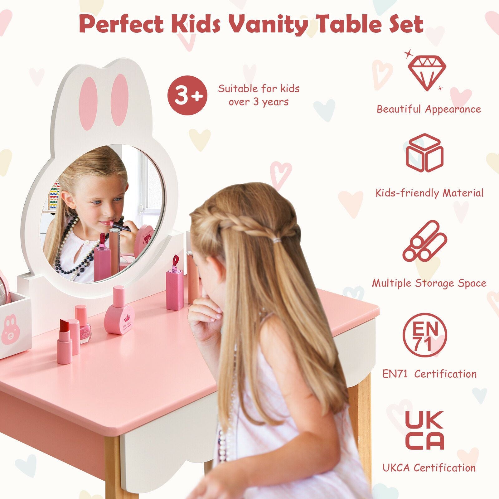 Kids Vanity Table and Chair Pretend Play with Mirror and Drawers