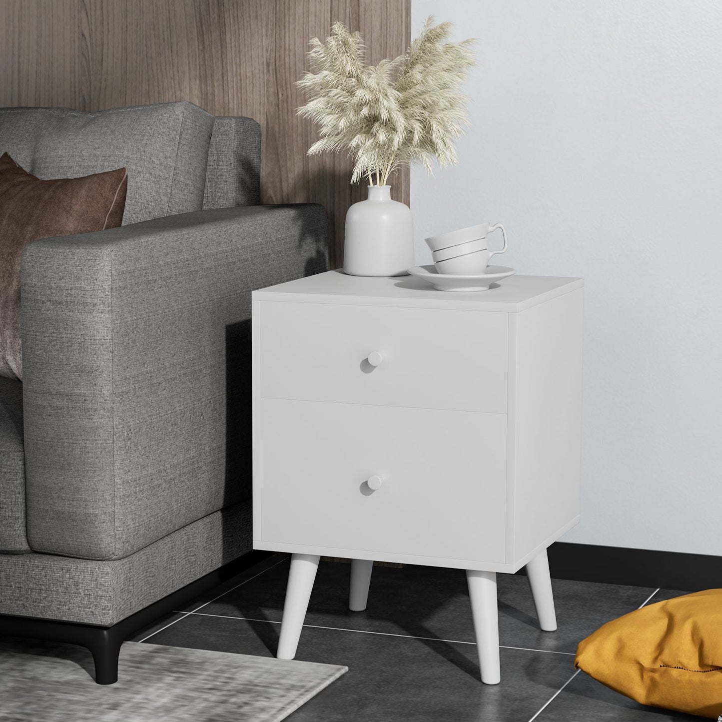 2-Drawer Nightstand with Solid Rubber Wood Legs and Large Storage Space