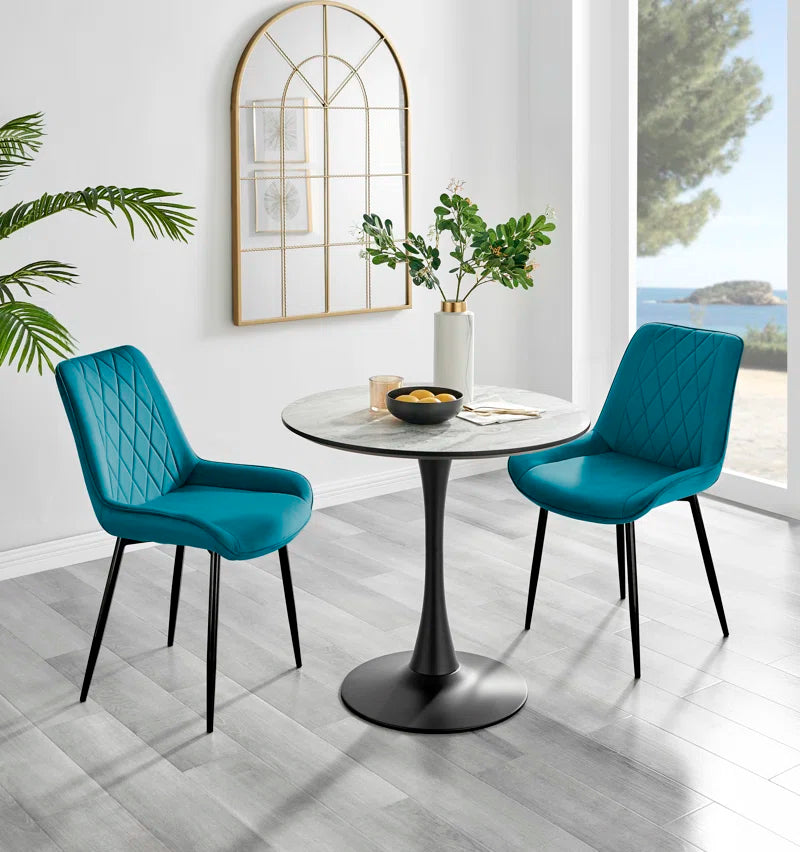 Ellis White Marble Effect Melamine round Dining Table Set with 2 Luxury Velvet Dining Chairs