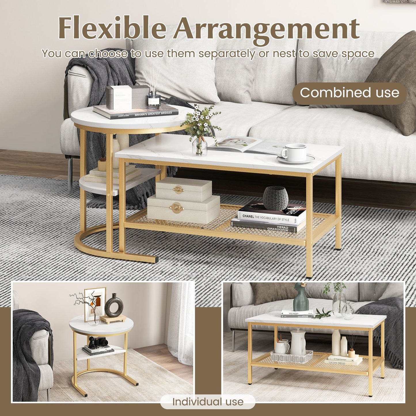 Set of 2 Nesting Coffee Table with Extra Storage Shelf