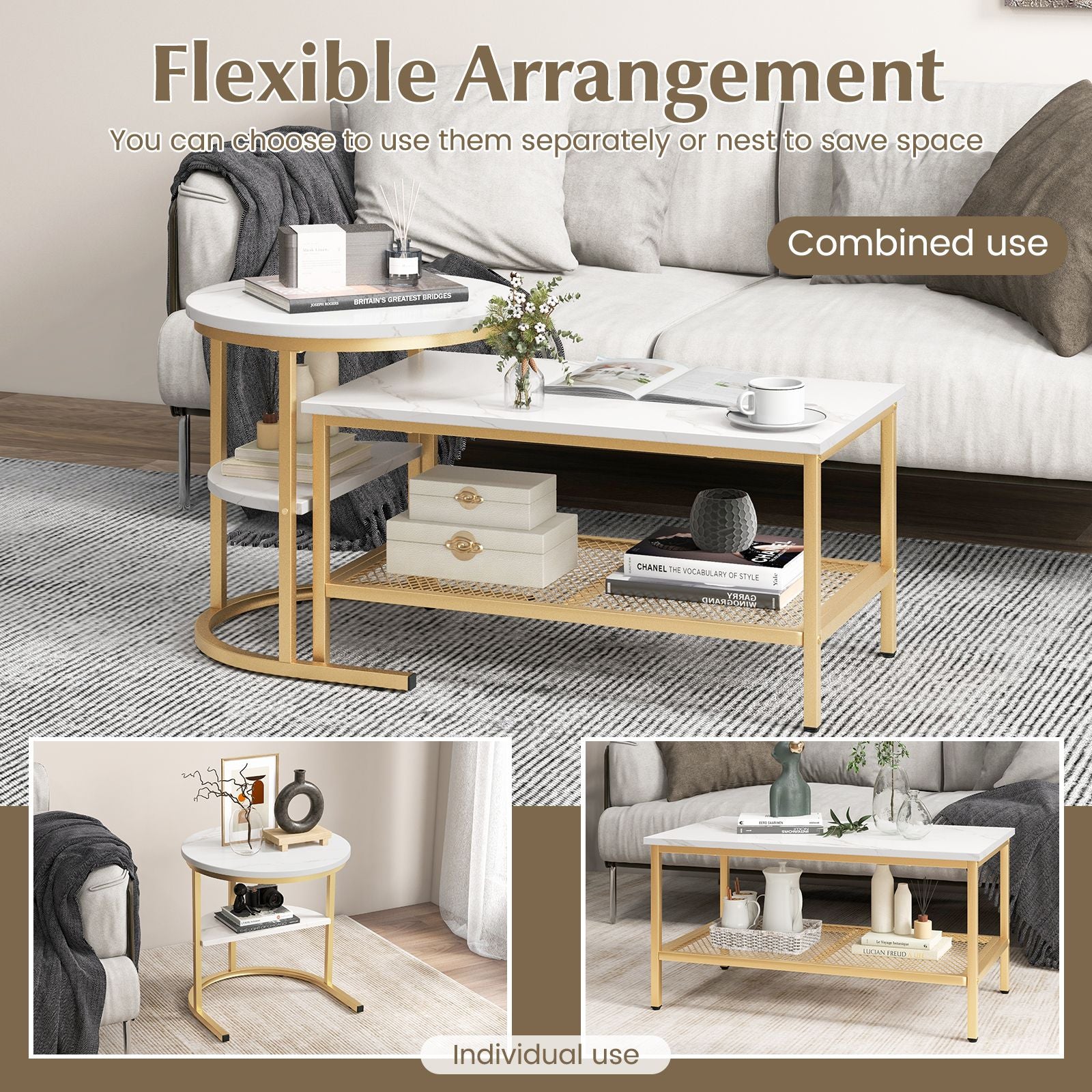 Set of 2 Nesting Coffee Table with Extra Storage Shelf