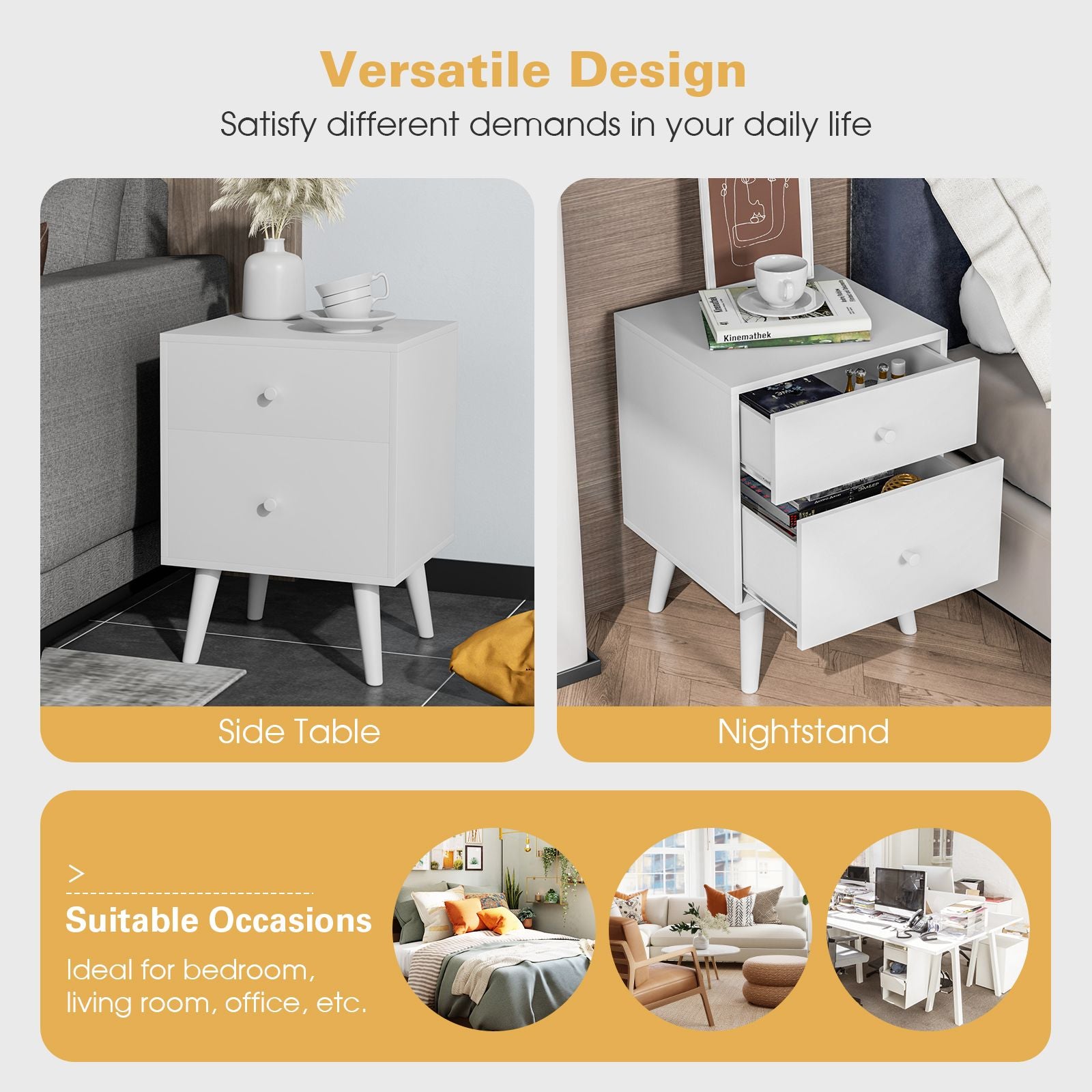 2-Drawer Nightstand with Solid Rubber Wood Legs and Large Storage Space