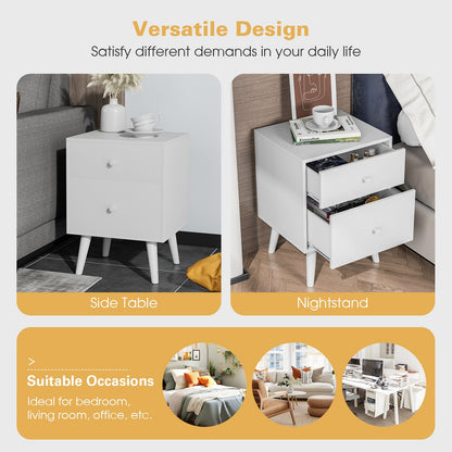 2-Drawer Nightstand with Solid Rubber Wood Legs and Large Storage Space