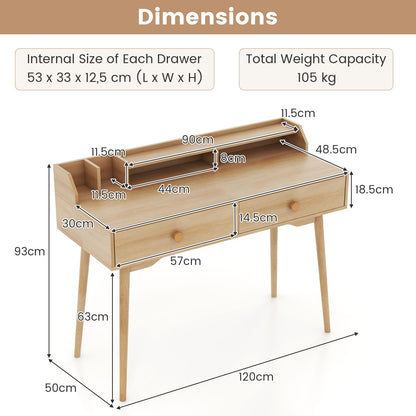 120 CM Writing Desk with Hutch and Drawers for Bedroom