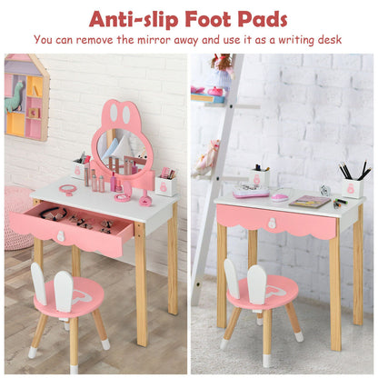 Kids Vanity Table and Chair Pretend Play with Mirror and Drawers