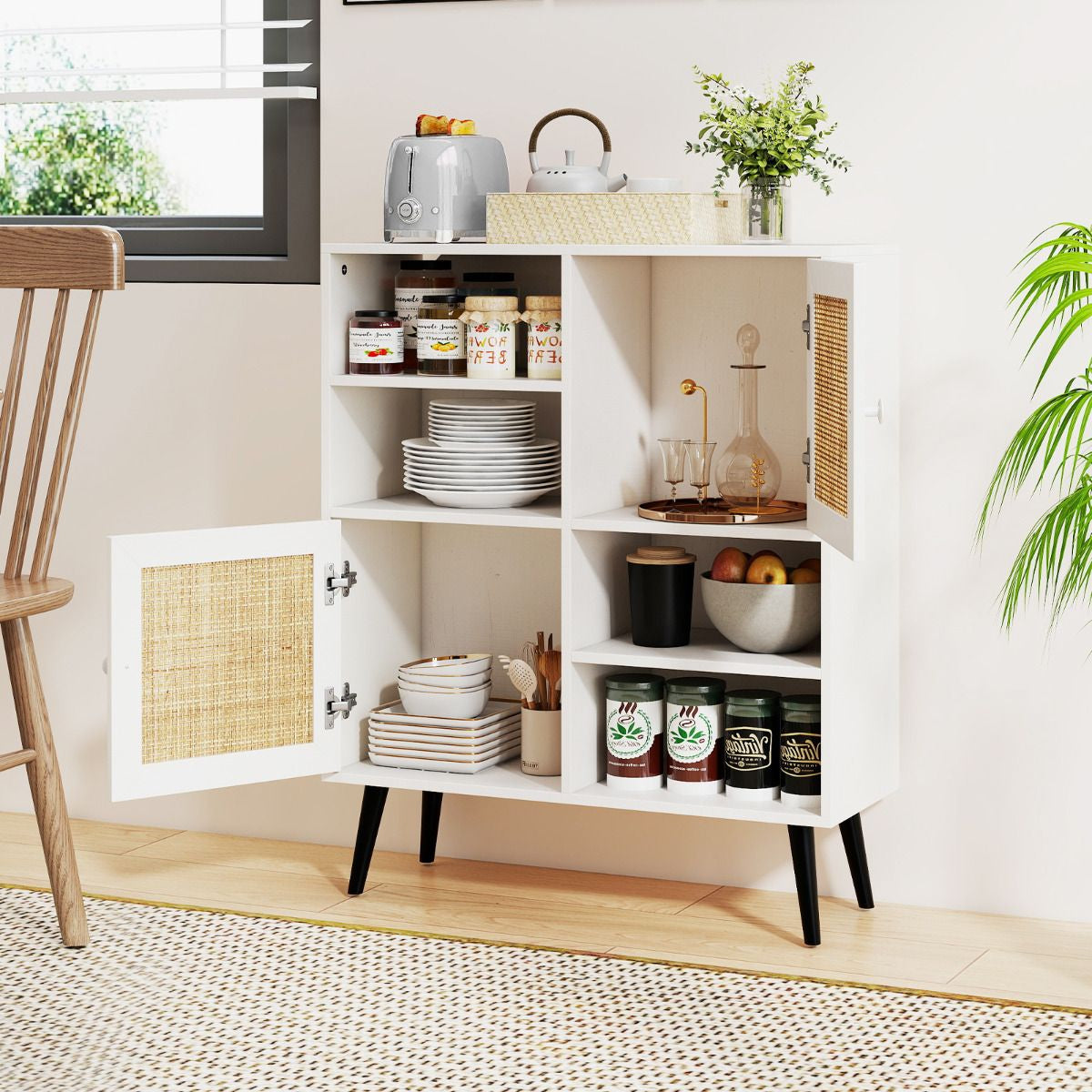 Rattan Sideboard Buffet Cabinet with 4 Cubbies and 2 Rattan-Decorated Doors