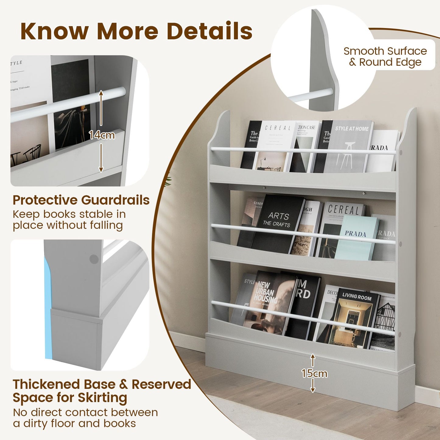 3-Tier Standing Bookshelf with 2 Anti-Tipping Kits and Guardrails-Grey