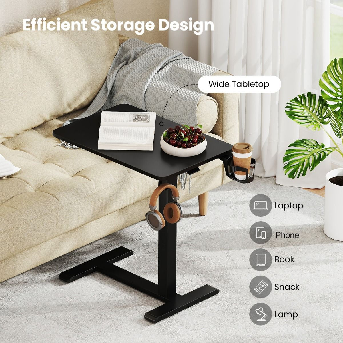 Height Adjustable Overbed Bedside Table with Cup Holder and Headphone Hook