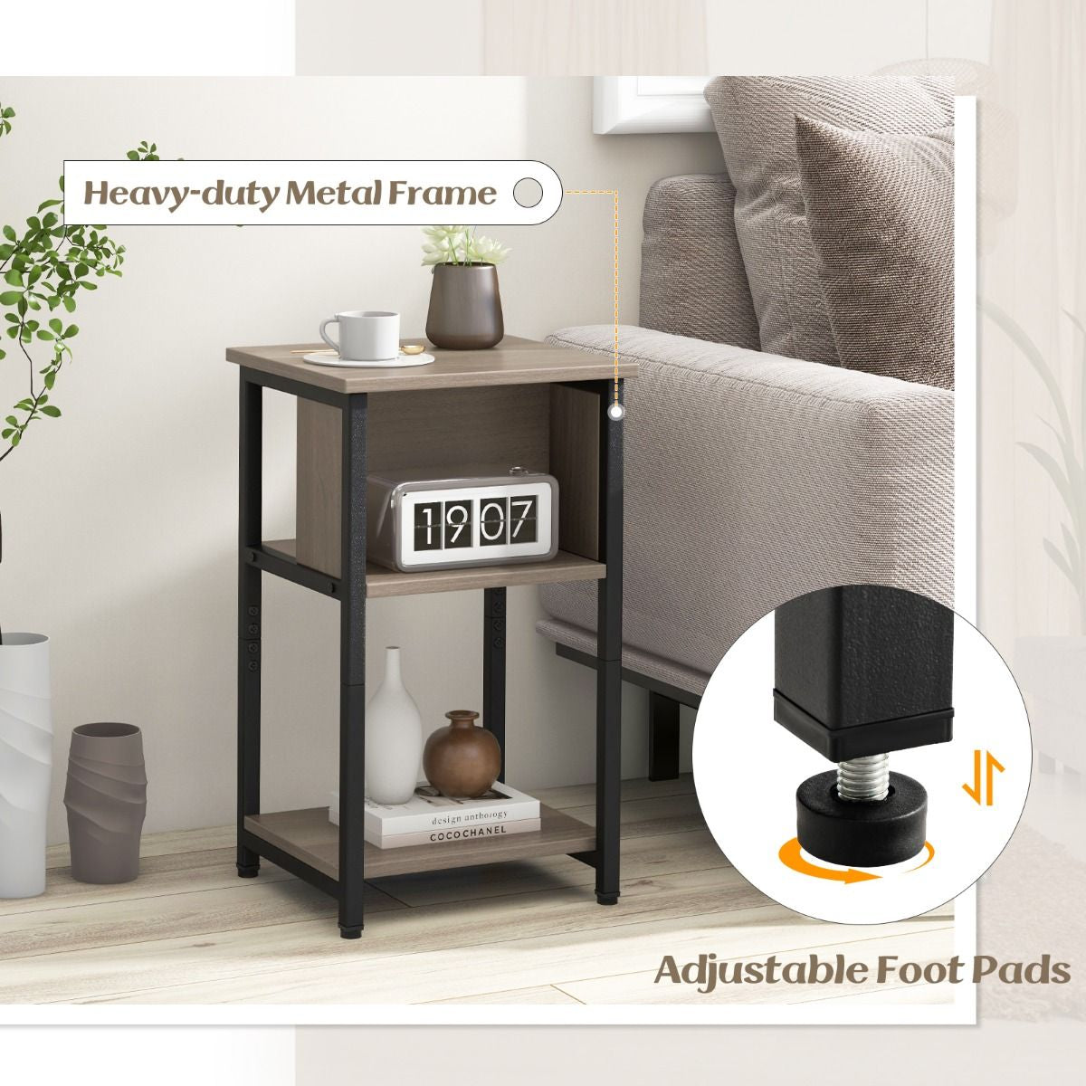 Narrow Sofa Side Table Set of 2 with Storage Shelf for Small Spaces