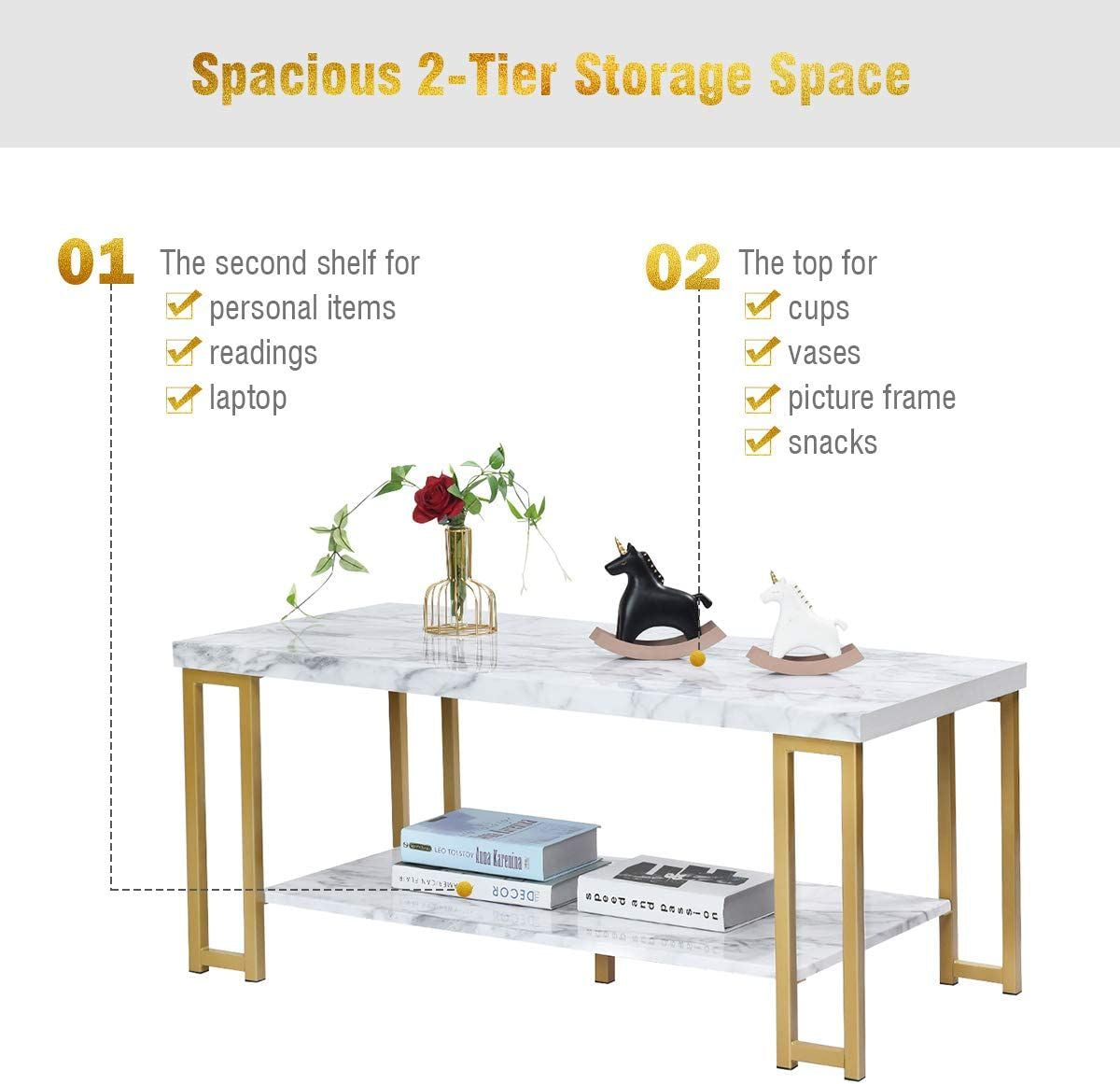 2-Tier Marble Print Coffee Table with MDF Top and Gold Print Metal Frame