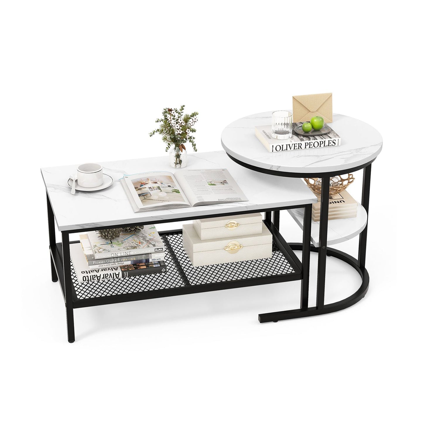 Set of 2 Nesting Coffee Table with Extra Storage Shelf