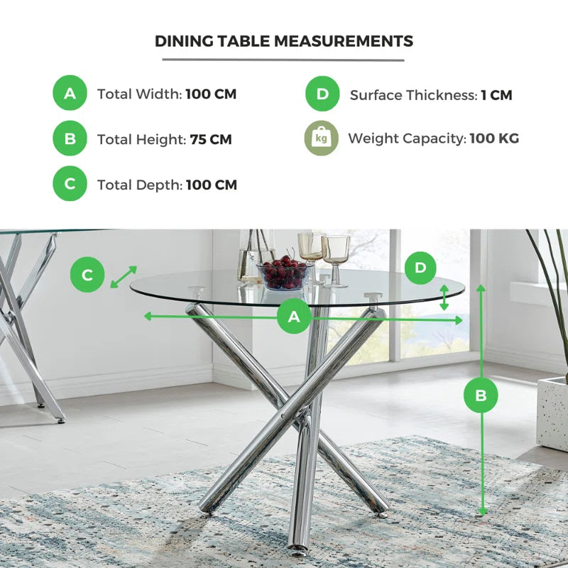Seline Modern round Dining Table Set in Glass and Chrome with 2 Luxury Faux Leather Dining Chairs