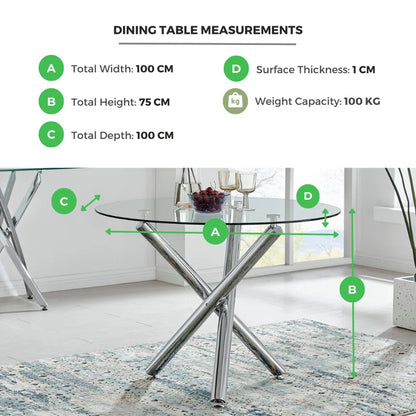 Seline Modern round Dining Table Set in Glass and Chrome with 2 Luxury Faux Leather Dining Chairs