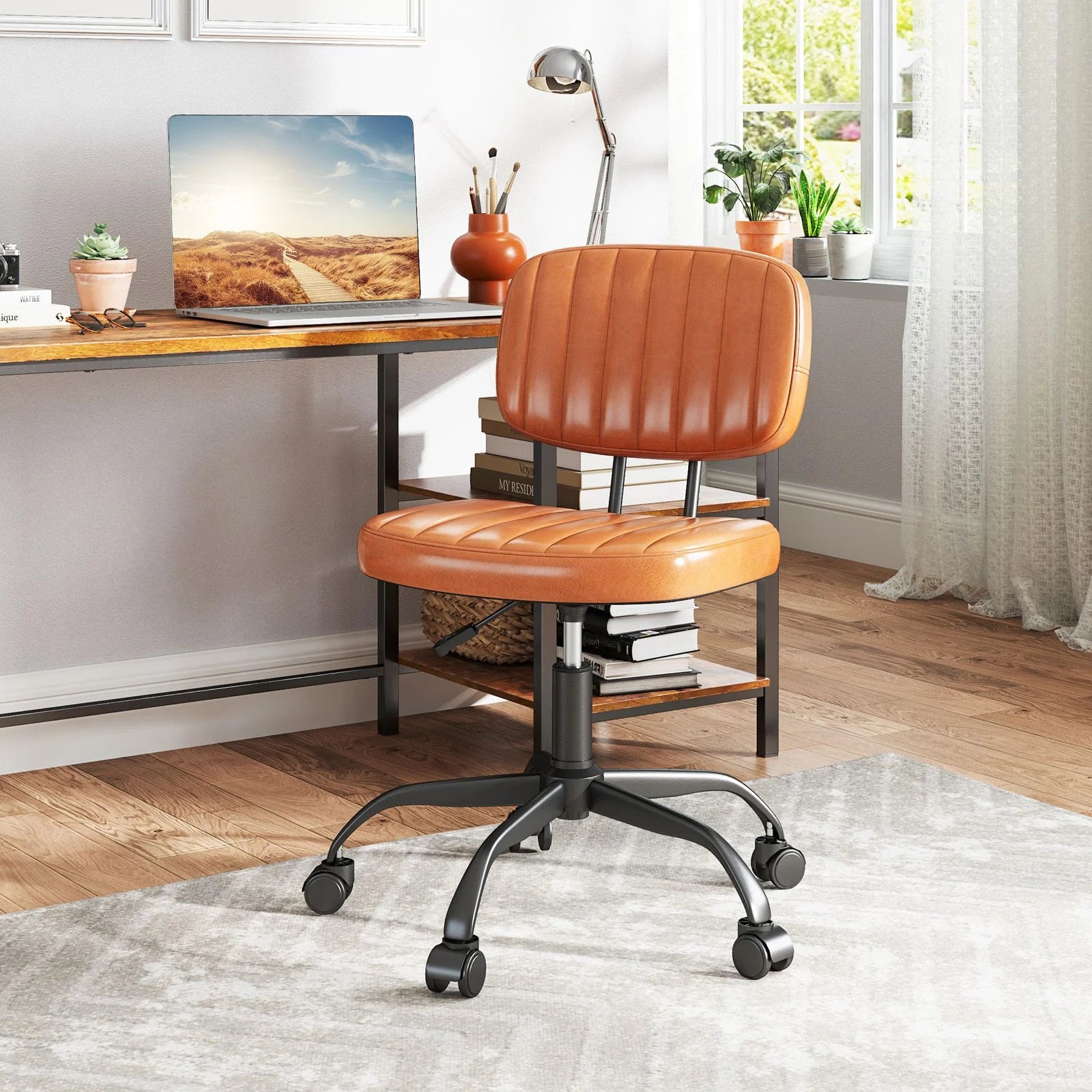 Home Office Small Armless Desk Chair with Wheels and Lumbar Support
