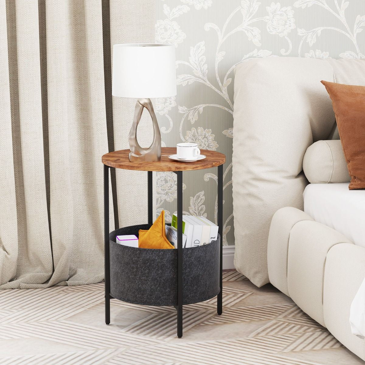 Round End Table for Small Space with Removable Fabric Basket and Metal Frame