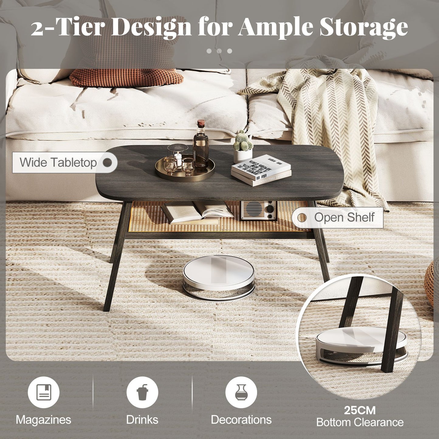 2-Tier Coffee Table with Rattan Storage Shelf and Rubber Wood Legs