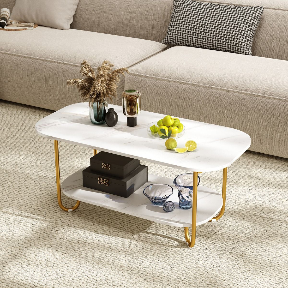 Faux Marble Top Coffee Table with Heavy-Duty Metal Frame