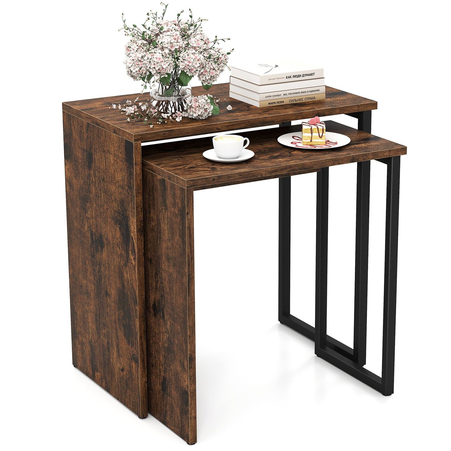 Nesting Coffee Table Set of 2 Faux Wood Top Sofa Side Table