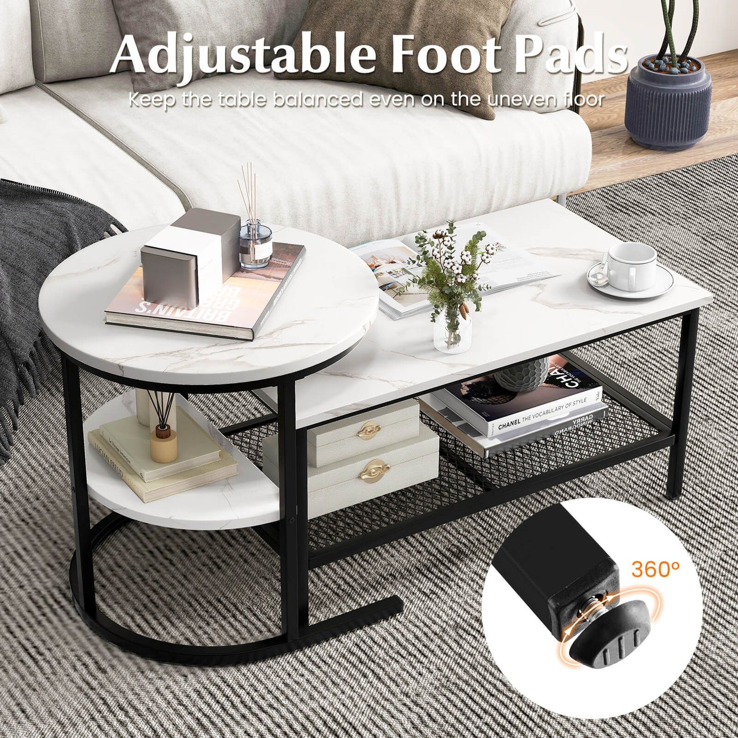 Set of 2 Nesting Coffee Table with Extra Storage Shelf