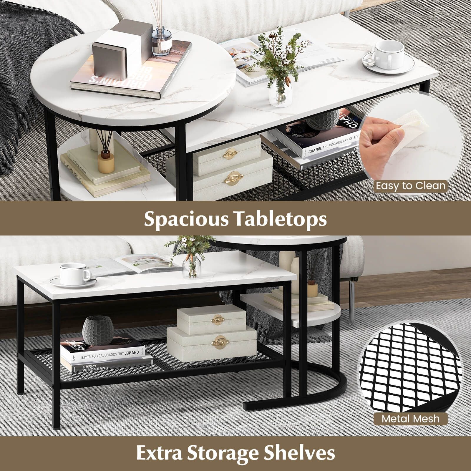 Set of 2 Nesting Coffee Table with Extra Storage Shelf