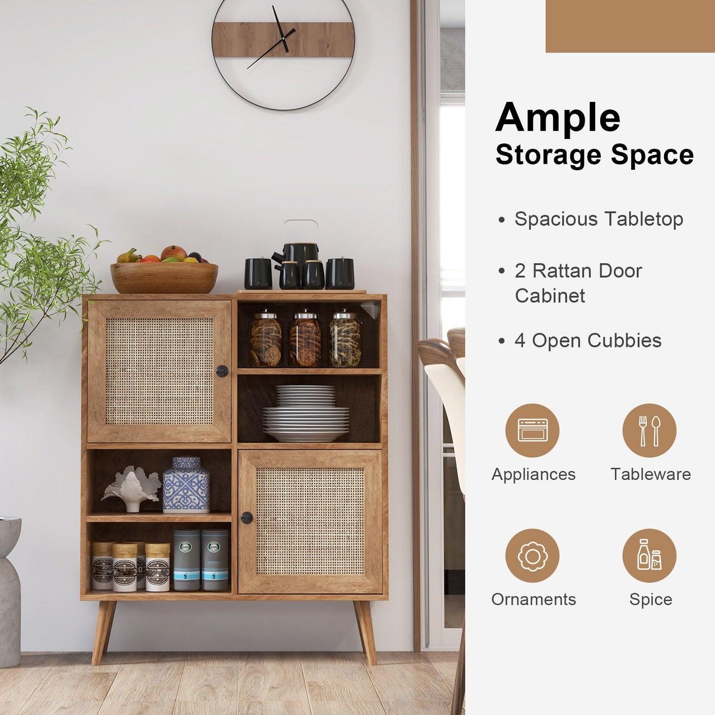 Rattan Sideboard Buffet Cabinet with 4 Cubbies and 2 Rattan-Decorated Doors