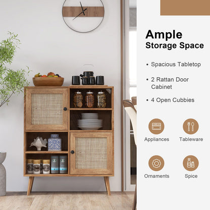 Rattan Sideboard Buffet Cabinet with 4 Cubbies and 2 Rattan-Decorated Doors