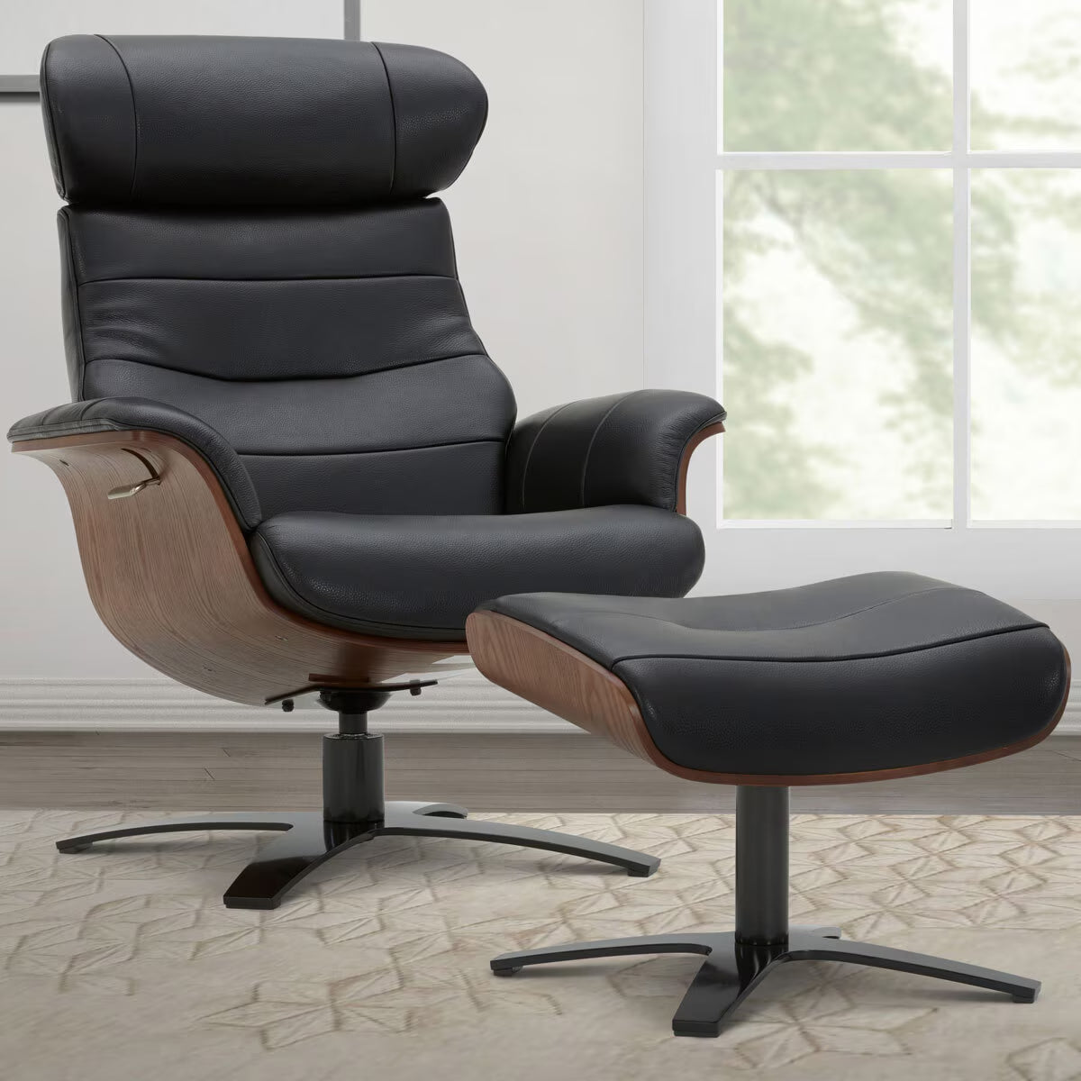 Karma Black Top Grain Leather Swivel Chair with Ottoman