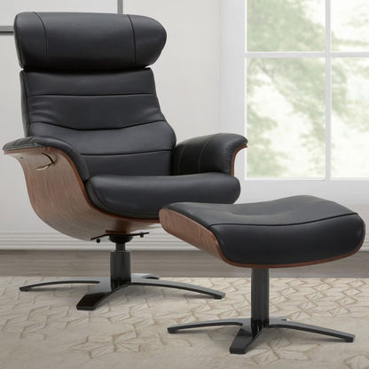 Karma Black Top Grain Leather Swivel Chair with Ottoman