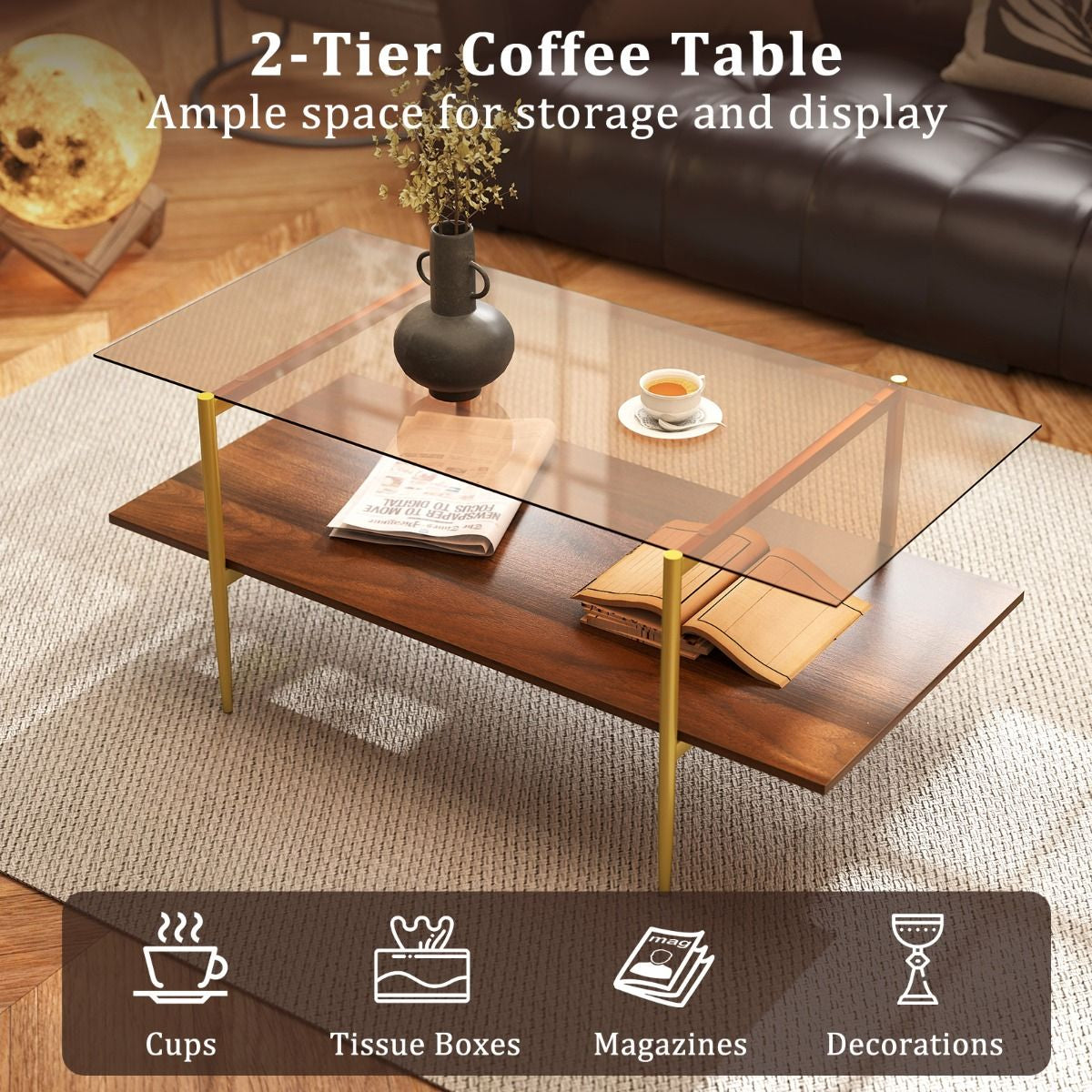 2-Tier Glass Coffee Table with Tampered Glass Tabletop & Open Storage Shelf