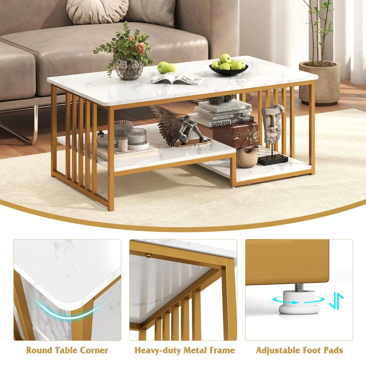 Faux Marble Coffee Table with Open Storage Shelf