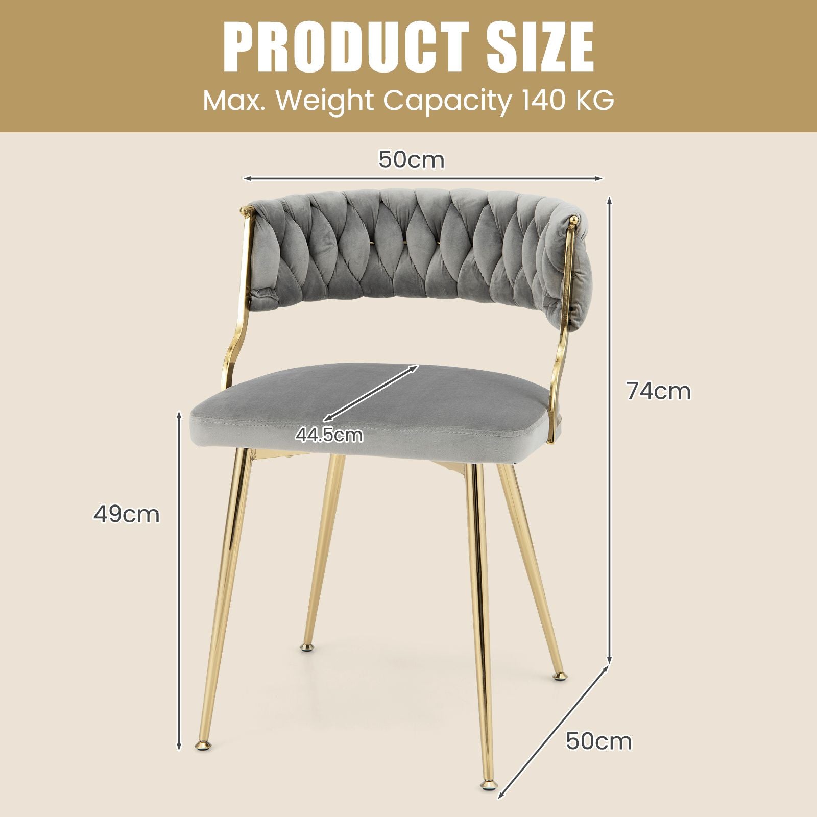 Set of 2 Velvet Dining Chair with Metal Legs and Woven Back