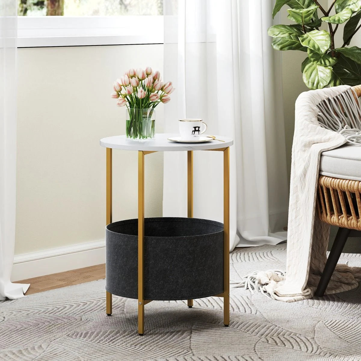 Round End Table for Small Space with Removable Fabric Basket and Metal Frame
