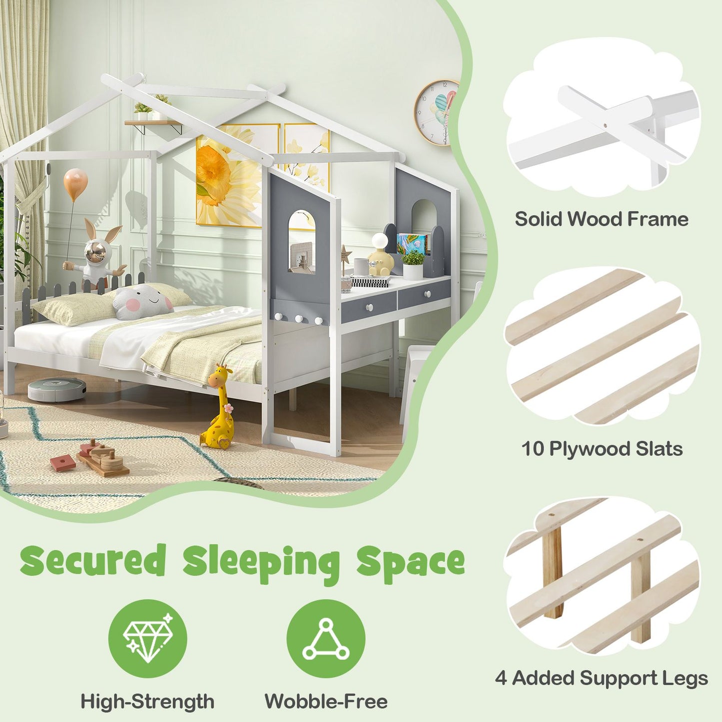 Single/Double House Bed Wood Montessori Bed Frame with Desk