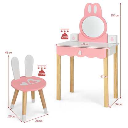Kids Vanity Table and Chair Pretend Play with Mirror and Drawers