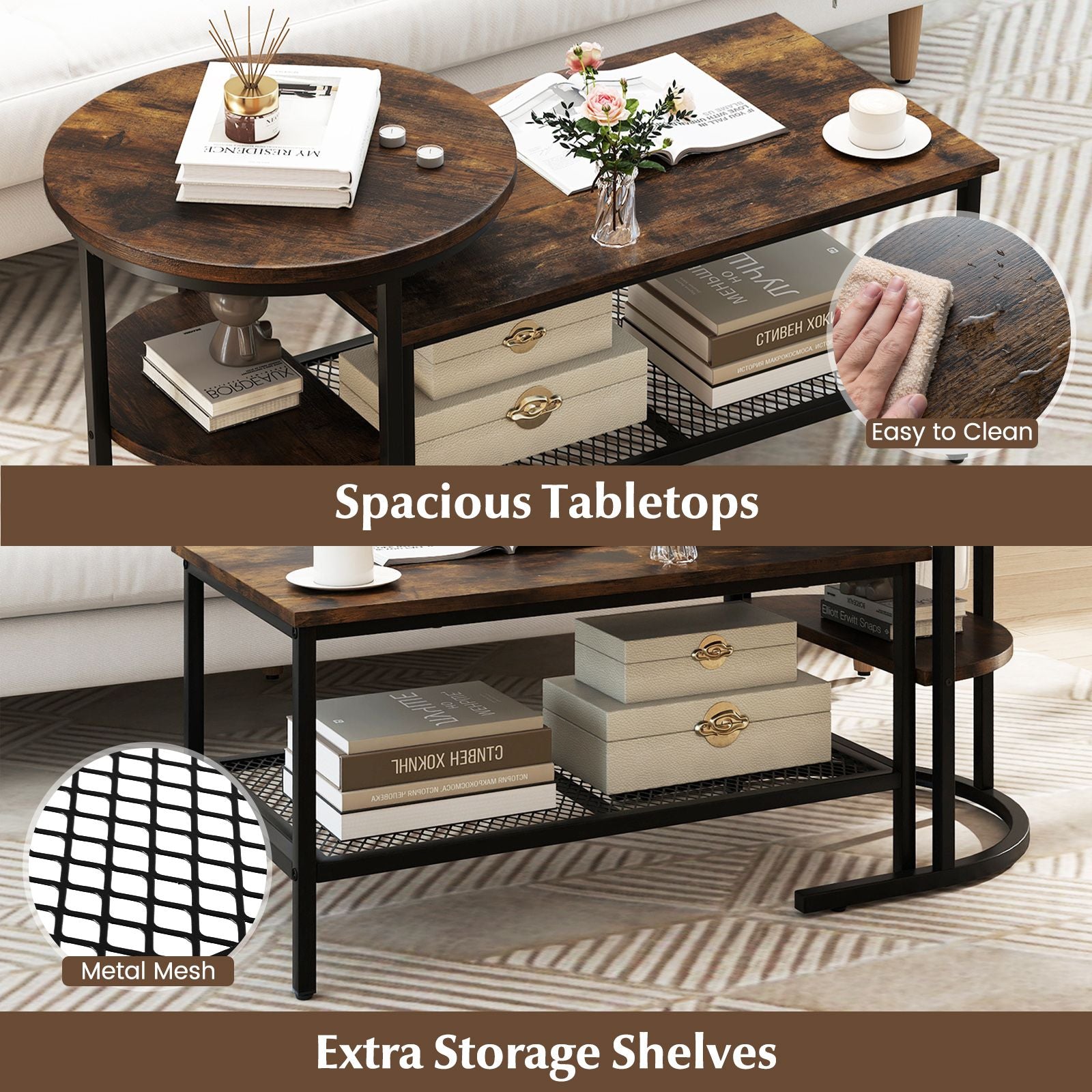 Set of 2 Nesting Coffee Table with Extra Storage Shelf